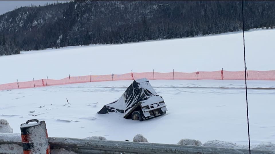 This tractor-tractor trailer went off the road and landed on the ice before submerging in Lake Nipigon's Orient Bay on Jan. 12, 2025 (Pegs Lynch/Facebook)