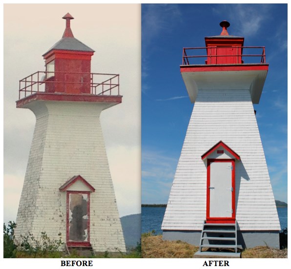 The Shaganash lighthouse before and after restoration. 