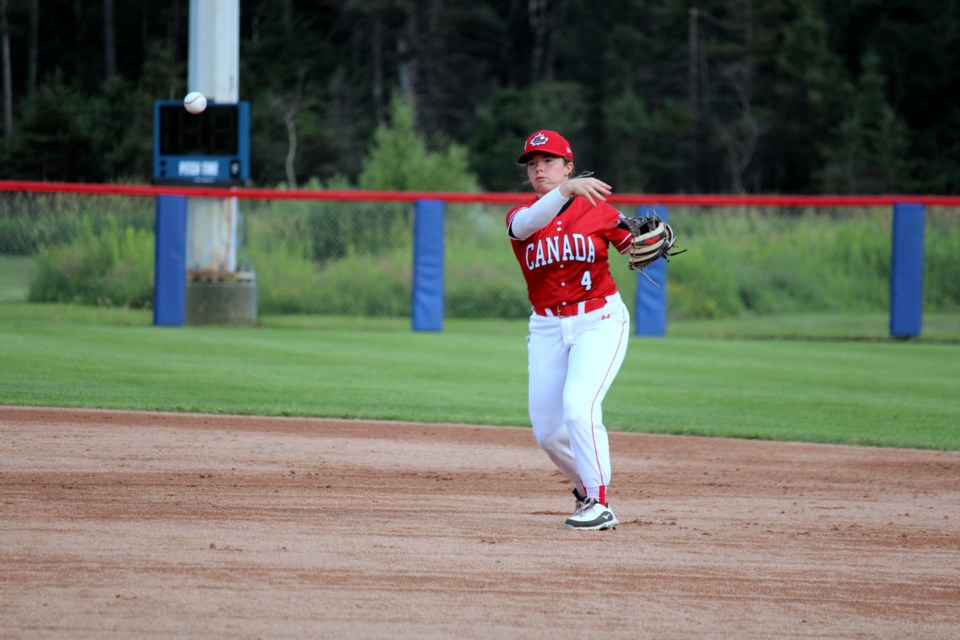 Second baseman Madison Willan makes a throw over to first base during Canada's exhibition game against the United States at Baseball Central on July 26. 