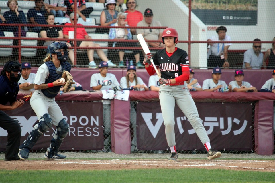 Canada's Mia Valcke reacts to a pitch during her team's game against the United States at Port Arthur Stadium on July 30. 