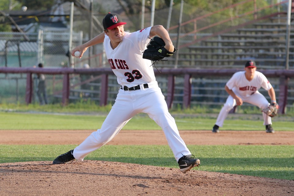 Ryan Windham pitched seven shutout innings for the Border Cats against the Waterloo Bucks on Thursday, Aug. 1, 2019 at Port Arthur Stadium. (Leith Dunick, tbnewswatch.com)