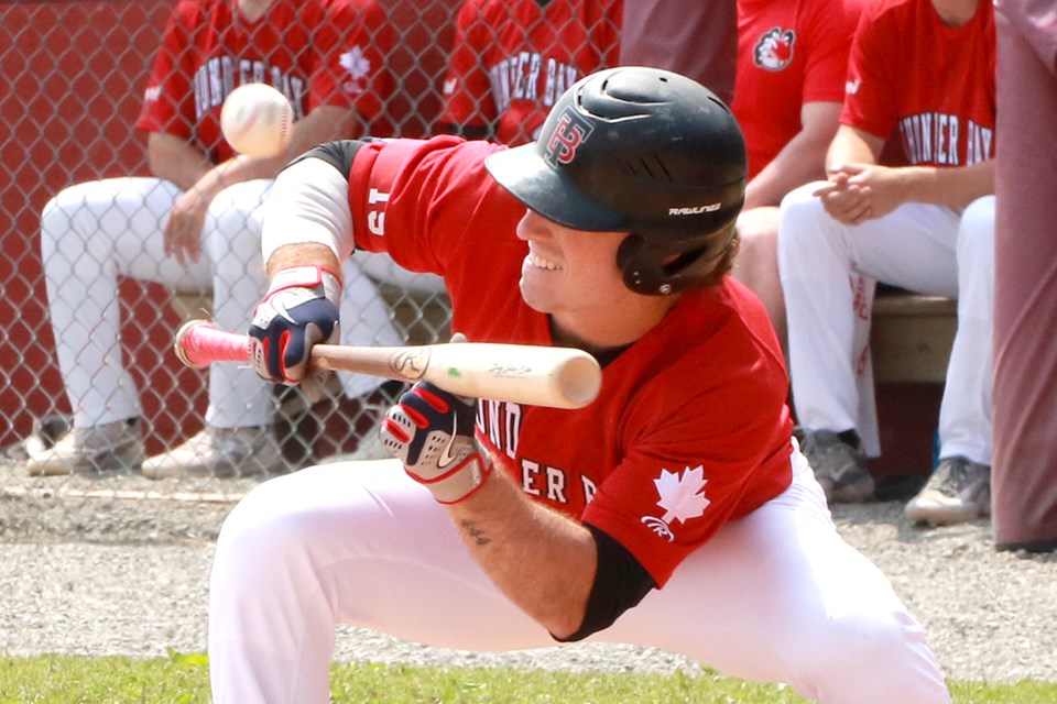 Thunder Bay's Tyler Griggs attempts to lay down a bunt on Sunday, June 18, 2023 against the Eau Claire Express at Port Arthur Stadium. (Leith Dunick, tbnewswatch.com)