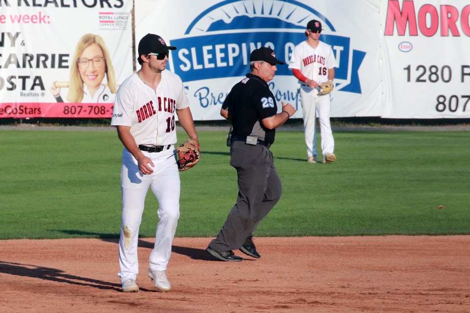 Border Cats third baseman Mike Long blasted a home run in his first Northwoods League at bat against the La Crosse Loggers on Monday, Aug. 7, 2023. (Leith Dunick, tbnewswatch.com)