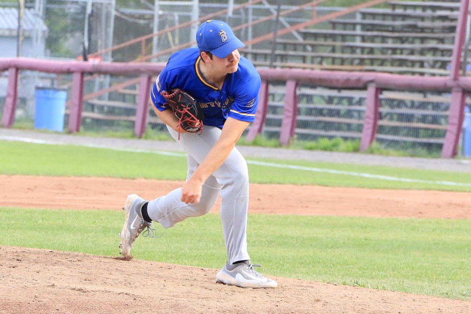 Waterloo's Ryan Gold tossed into the seventh inning against the Thunder Bay Border Cats on Wednesday, June 19, 2024. (Leith Dunick, tbnewswatch.com)