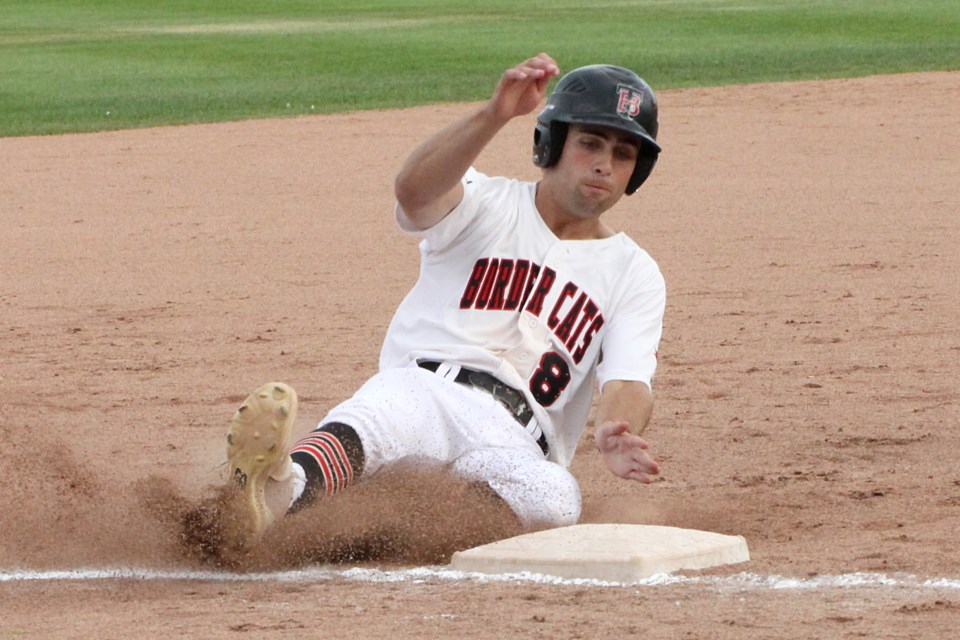 Nathanael Frederking slides safely into third in the second inning on Thursday, Aug. 8, 2024 against the Eau Claire Express. (Leith Dunick, tbnewswatch.com)