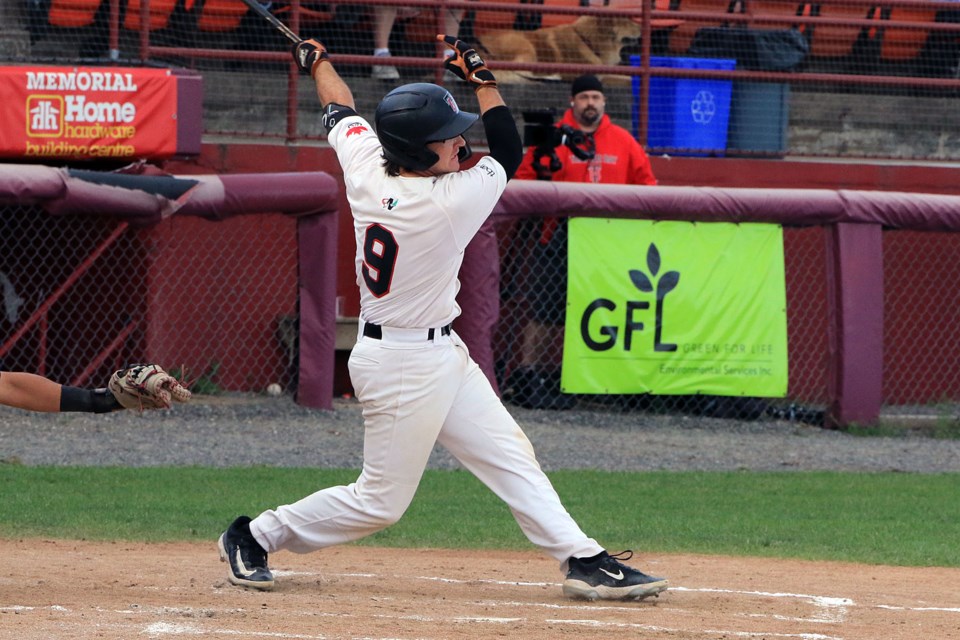 Trey Fikes takes a cut on Wednesday, July 17, 2024. He later homered and scored Thunder Bay's first run in their 4-1 win over Rochester at Port Arthur Stadium. (Leith Dunick, tbnewswatch.com)