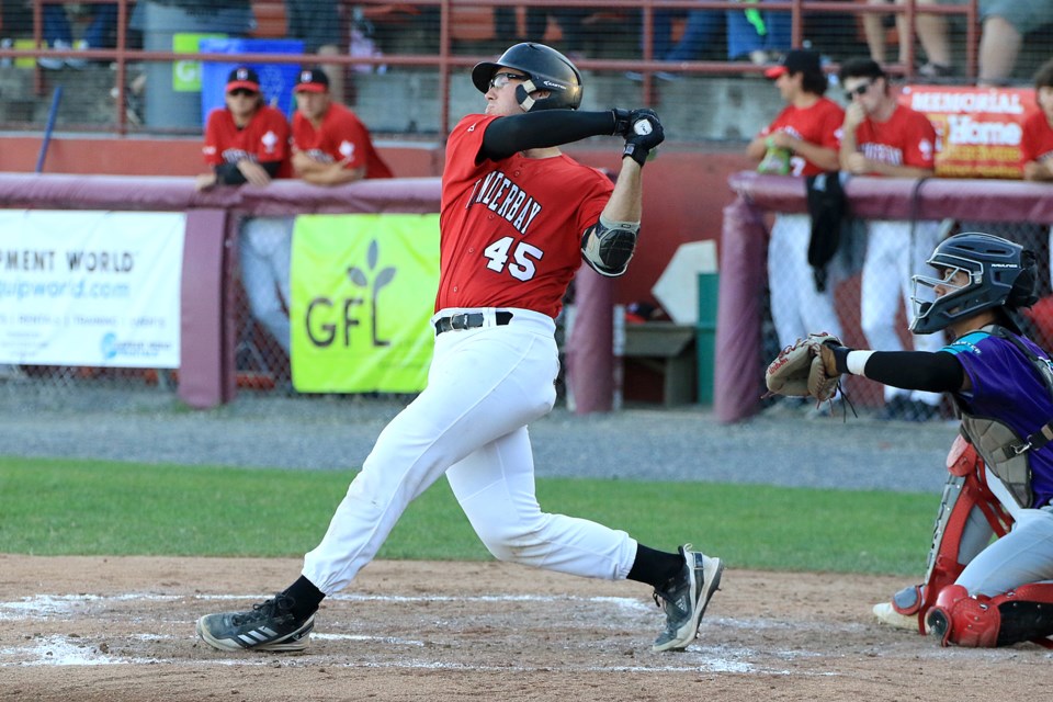 Thunder Bay's Tucker Stockman doubled three times on Sunday, June 30, 2024, helping the Border Cats rally to edge Rochester 17-13. (Leith Dunick, tbnewswatch.com)