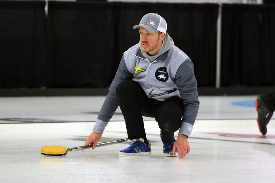 Brian Adams Jr. studies a shot on Tuesday, Jan. 21, 2025 at the Nothern Ontario Men's Curling Championship at the Port Arthur Curling Centre. (Leith Dunick, tbnewswatch.com)