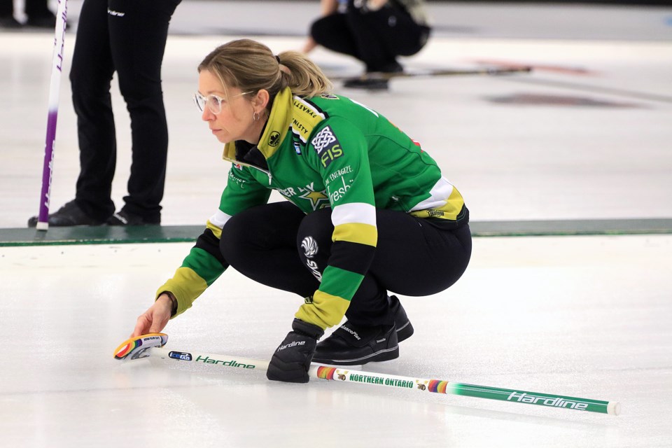 Krista McCarville opened with a 9-3 win over Claire Dubinsky on Wednesday, Jan. 22, 2025 on Day 2 of the Northern Ontario Curling Championships at Port Arthur Arena in Thunder Bay. (Leith Dunick, tbnewswatch.com)