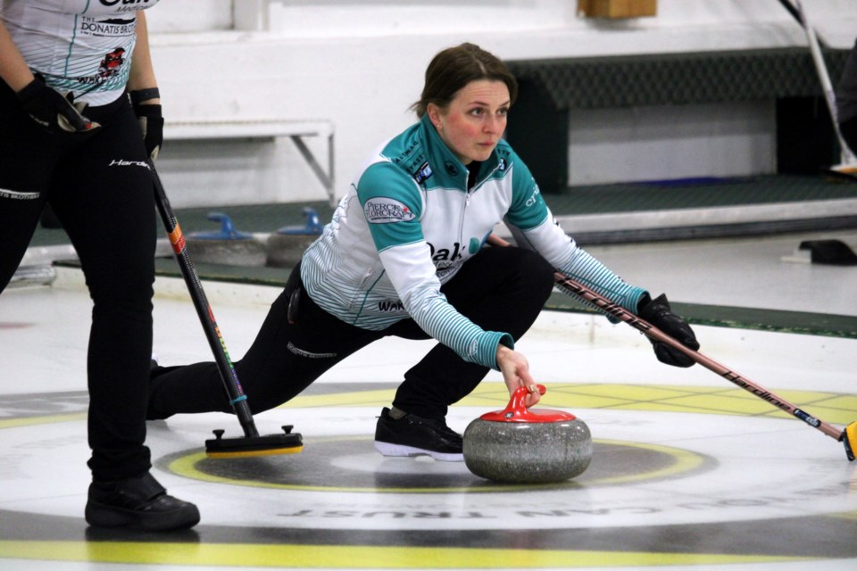 Robyn Despins delivers a rock during her team's win over North Bay's Laura Johnston at the Northern Ontario women's curling provincial playdowns at the Port Arthur Curling Centre on Jan. 23, 2025.