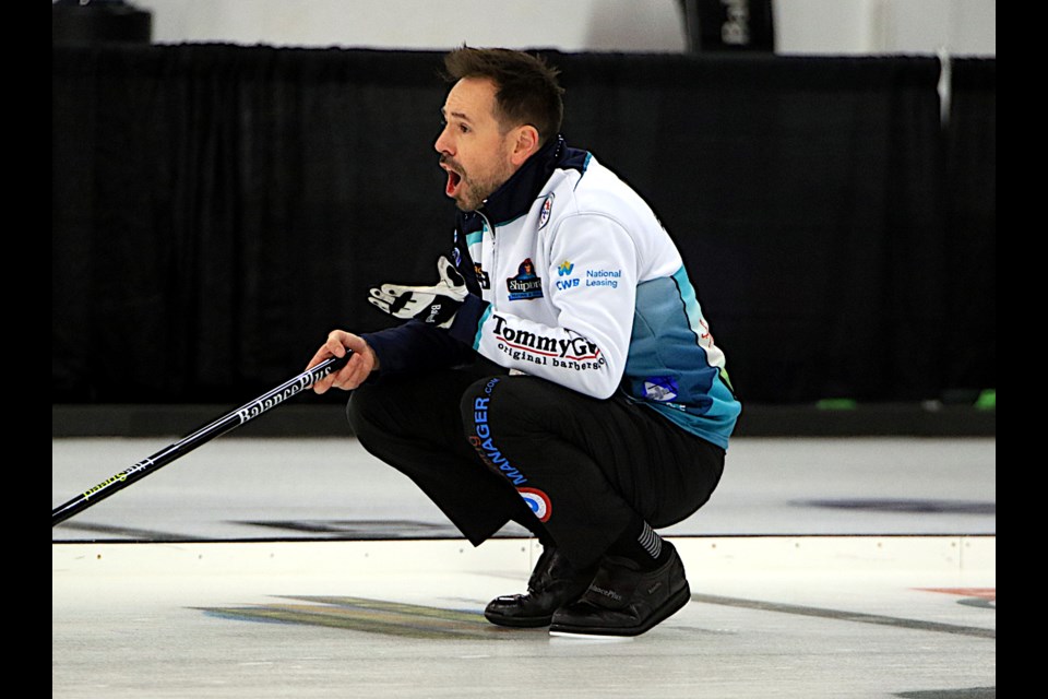 John Epping watches his shot on Thursday, Jan 23, 2025 during Draw 6 play at the Northern Ontario Curling Championships at Port Arthur Curling Centre. (Leith Dunick, tbnewswatch.com)