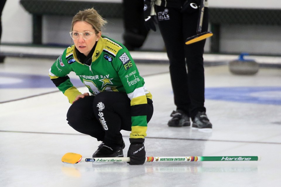 Krista McCarville shares a slight look of concern watching her shot during Draw 7 play at the Northern Ontario Women's Curling Championship at the Port Arthur Curling Centre. (Leith Dunick, tbnewswatch.com)