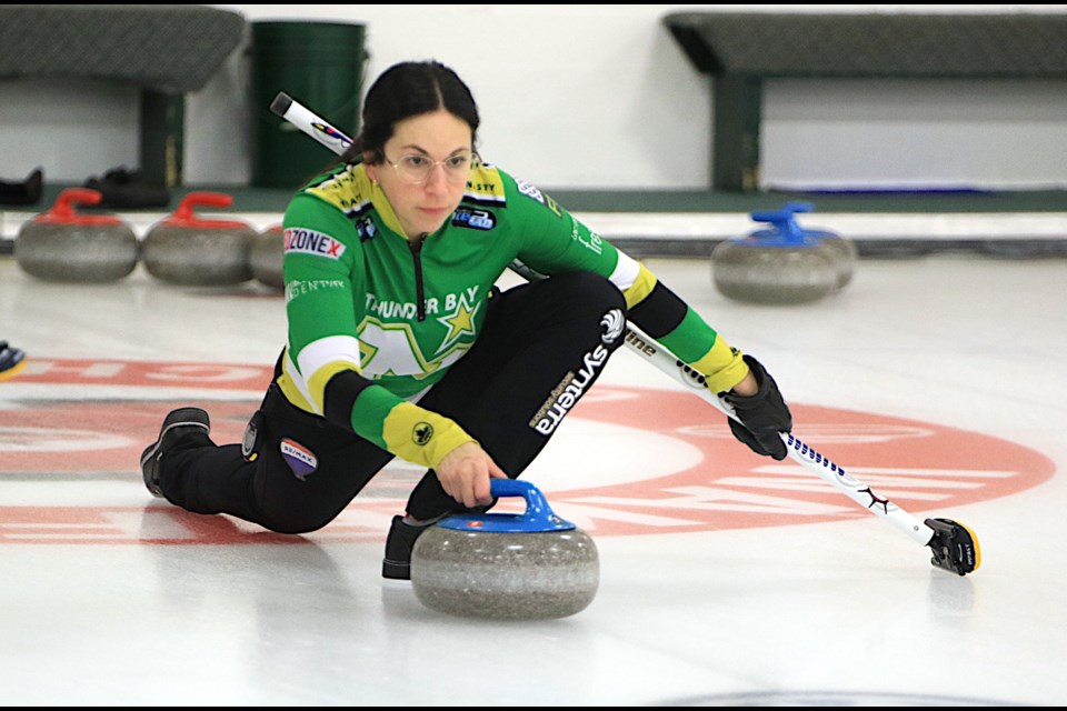 Ashley Sippala of Team McCarville releases a shot on Friday, Jan. 24, 2025 at the Northern Ontario Women's Curling Championship at Port Arthur Curling Centre. (Leith Dunick, tbnewswatch.com)