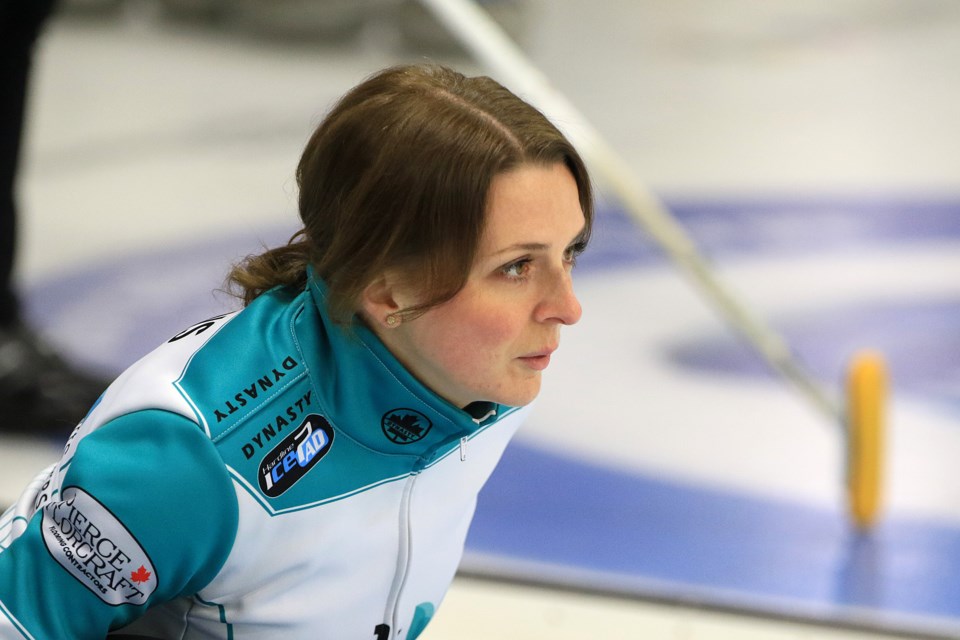 Robyn Despins directs play in the rings during Draw 9 play at the Northern Ontario Women's Curling Championship on Friday, Jan. 24, 2025 at Port Arthur Curling Centre. (Leith Dunick, tbnewswatch.com)