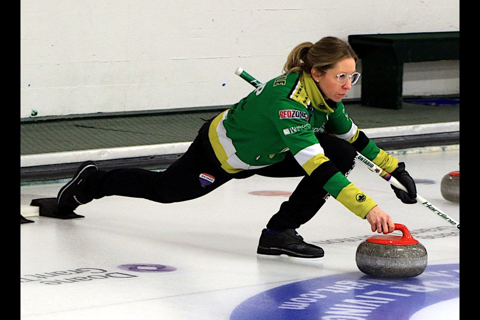 Krista McCarville releases a shot in her 9-4 win over Robyn Despins on Sunday, Jan. 26, 2025 at the Northern Ontario Women's Curling Championship. (Leith Dunick, tbnewswatch.com)