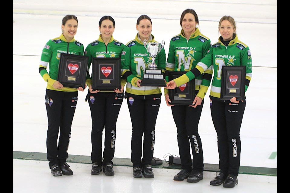 Team McCarville's Sarah Potts, Ashley Sippala, Kendra Lilly, Andre Kelly and Krista McCarville, after winning the Northern Ontario Women's Curling Championship on Sunday, Jan. 26, 2025 at Port Arthur Curling Centre. (Leith Dunick, tbnewswatch.com)