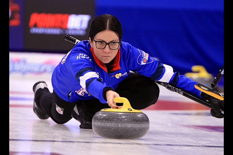 Manitoba's Kerri Einarson releases a shot in the 1-2 Page qualifier at the Scotties Tournament of Hearts in Thunder Bay on Friday, Feb. 22, 2025. (Leith Dunick, tbnewswatch.com)