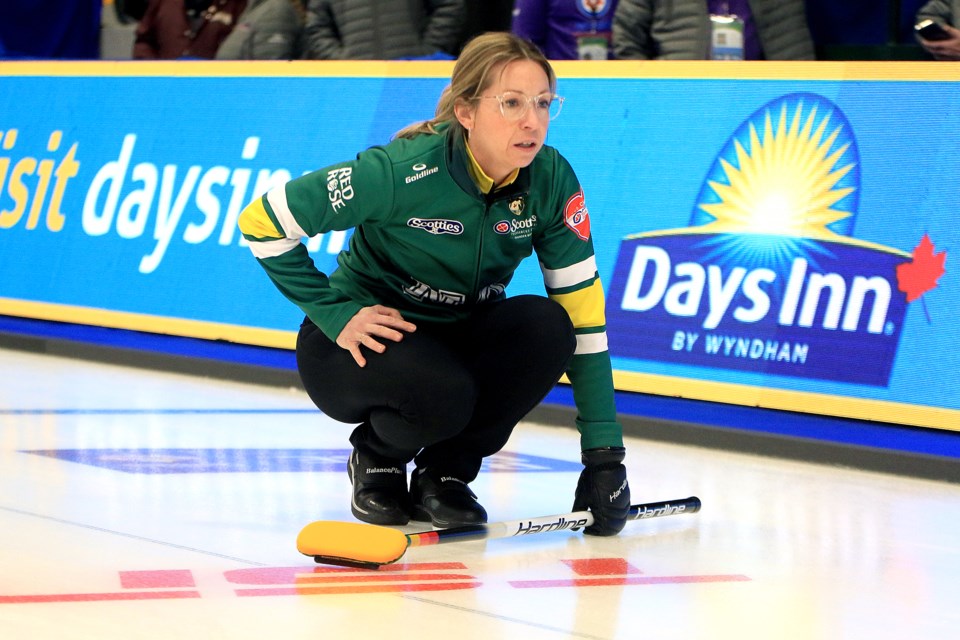 Krista McCarville watches a shot in the third end of her opening draw match against Saskatchewan's Nancy Martin on Friday, Feb. 14, 2025 in Draw 1 play at the Scotties Tournament of Hearts in Thunder Bay. (Leith Dunick, tbnewswatch.com)