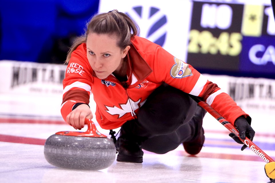 Team Canada's Rachel Homan improved to 2-0 on Saturday, Feb. 15, 2025 at the Scotties Tournament of Hearts at Fort William Gardens in Thunder Bay. (Leith Dunick, tbnewswatch.com)