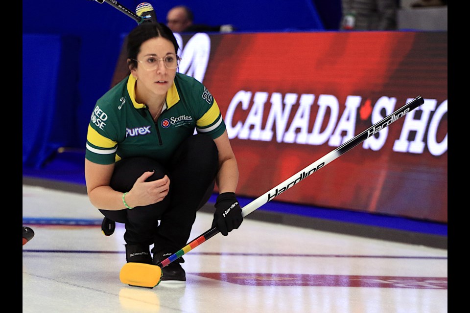 Northern Ontario's Ashley Sippala watches her shot on Monday, Feb. 17. 2025 at the Scotties Tournament of Hearts in Thunder Bay. (Leith Dunick, tbnewswatch.com)