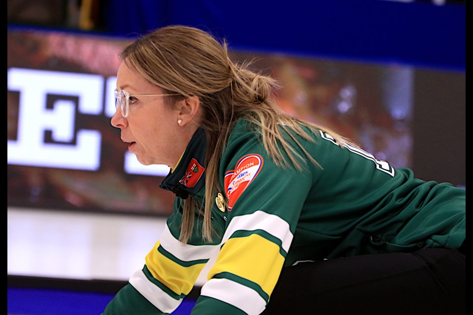 Krista McCarville watches her shot in Draw 9 play at the Scotties Tournament of Hearts on Monday, Feb. 17, 2025 at Fort William Gardens. (Leith Dunick, tbnewswatch.com)