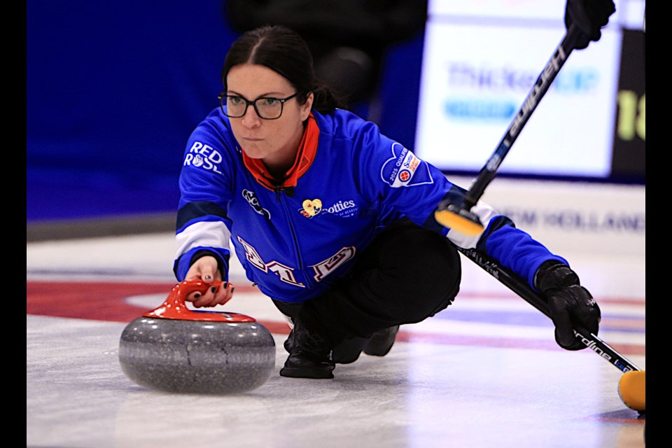 Kerri Einarson delivers a shot during the semifinal at the Scotties Tournament of Hearts on Sunday, Feb. 25, 2025 at Fort William Gardens. (Leith Dunick, tbnewswatch,com)