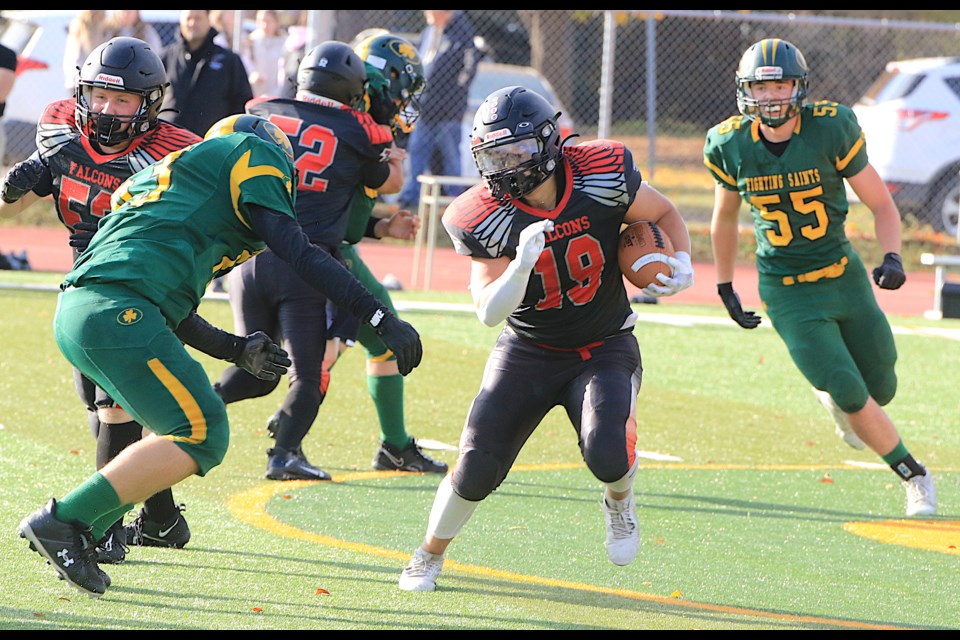 Roberto Cappeli ran for a touchdown on Friday, Oct. 25, 2025 to help propel the St. Ignatius Falcons to a 44-0 win over St. Patrick. (Leith Dunick, tbnewswatch.com)