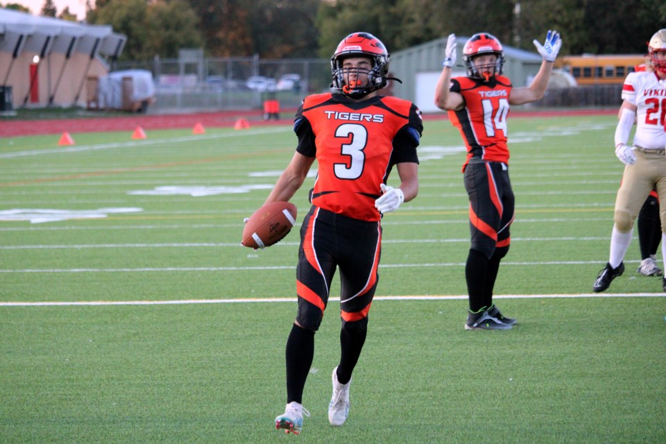 Cole McVety of the Westgate Tigers had two touchdowns in his team's 39-7 rout of the Hammarskjold Vikings on Sept. 20 at Fort William Stadium.