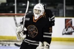 Game photo of goaltender Jack Orchard while with the Kam River FIghting Walleye of the Superior International Junior Hockey League 