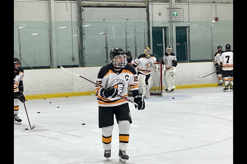 Storm Captain David Chisholm during warmup at the Current River Arena on Saturday, October 28, 2023