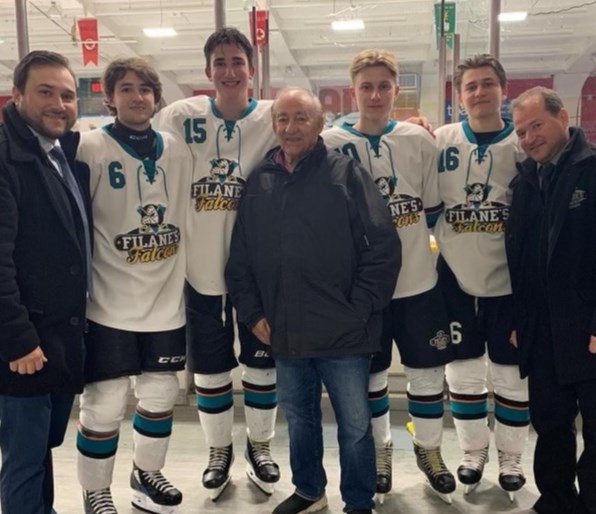 From left to right: Head Coach Mario, Girolamo, Cosimo, Cosimo (Grandpa), CJ, Nick and Assistant Coach Shawn at the Schreiber Arena