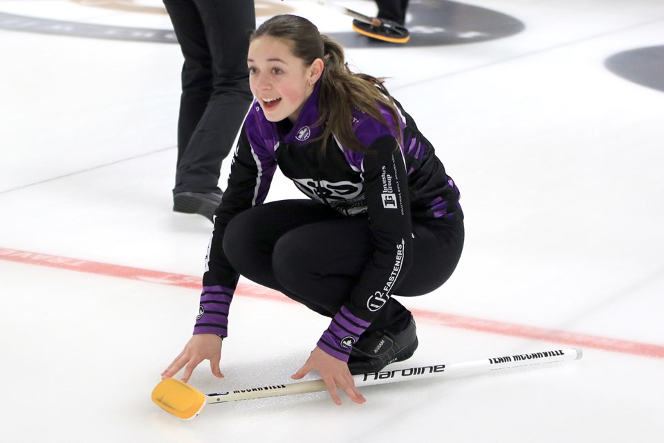 Team Dubinsky second Bella McCarville watches a shot on Saturday, Feb. 24, 2025 during the Ontario Winter Games at Fort William Curling Club. (Leith Dunick, tbnewswatch.com/FILE)