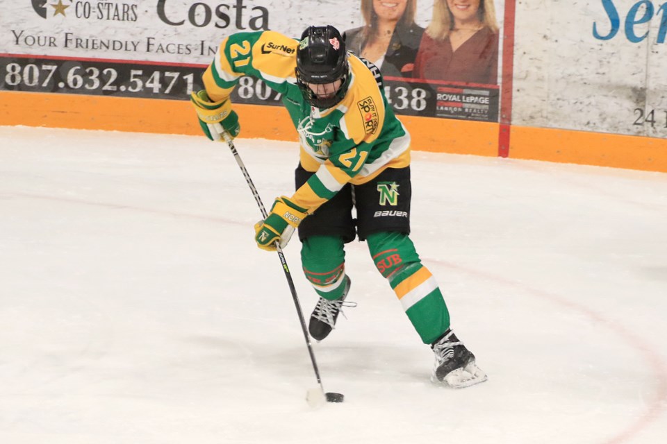 The North Stars Cohen Tangedal scored once and added an assist on Tuesday, Feb. 13, 2024. (Leith Dunick, tbnewswatch.com)