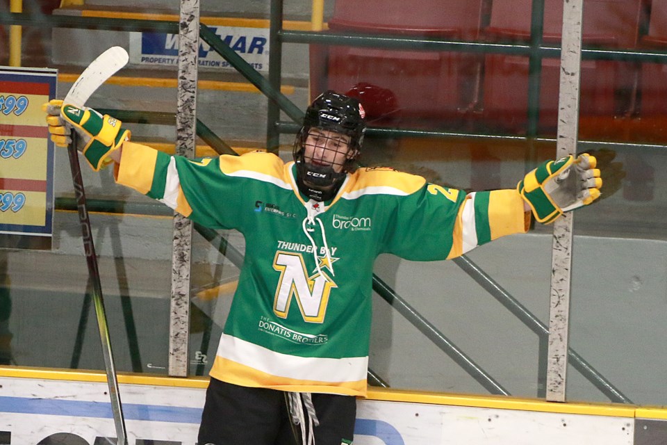 Christian Rapp celebrates his first goal as a Thunder Bay North Stars player, the game-winner in a 4-2 triumph over the visiting Wisconsin Lumberjacks on Saturday, Jan. 20, 2024. (Leith Dunick, tbnewswatch.com)