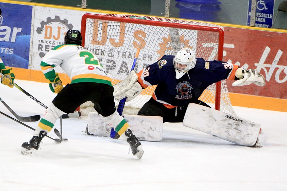 Thunder Bay North Stars captain Tyler Jordan was stopped by Kenora goaltender Ethan Beattie on this first-period play on Friday, Dec. 20, 2024 at Fort William Gardens. (Leith Dunick, tbnewswatch.com)