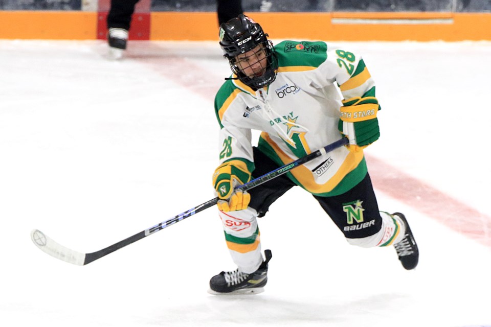 Nova Scotia's Marcellus Francis has eight goals in five games since joining the North Stars, including two on Tuesday, Oct. 22, 2024 against the Ironwood Lumberjacks. (Leith Dunick, tbnewswatch.com)