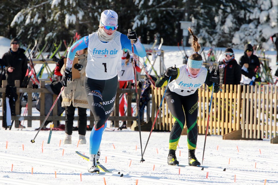 Anna Stewart (left) gets a good start on Friday, Jan. 6, in a classic sprint race at the Ontario Cup No. 2 event at Lappe Nordic. (Leith Dunick, tbnewswatch.com)