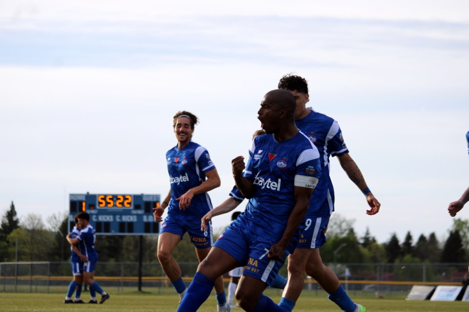 Sullivan Silva lets out a yell after scoring for the Thunder Bay Chill in their 4-2 win over Bavarian United SC at Chapples Field on May 31.