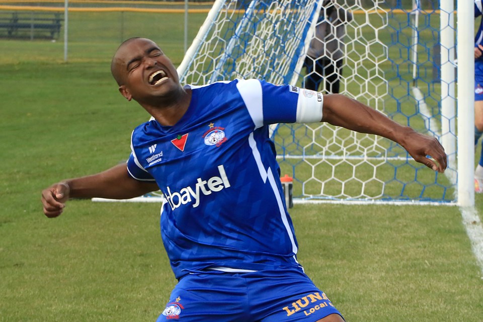 The Chill's Sullivan Silva celebrates a goal on Saturday, May 25, 2024 at Chapples Field. (Leith Dunick, tbnewswatch.com)