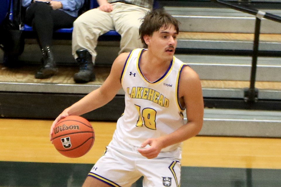 Adrian Nowak poured in 24 points in the first half on Friday, Nov. 29, 2024 against the Laurier Golden Hawks before being ejected from the contest late in the second quarter. (Leith Dunick, tbnewswtch.com)