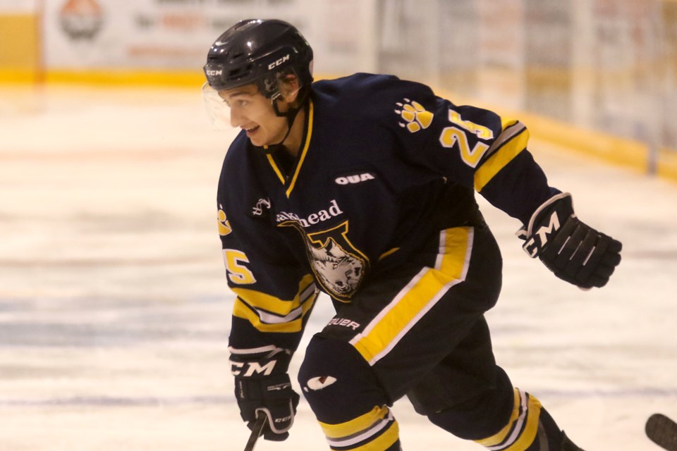 Daniel McKitrck celebrates a goal on Saturday, Sept. 29, 2018 at Fort William Gardens. (Leith Dunick, tbnewswatch.com)