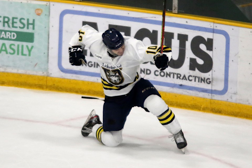 Ben Badalamenti reacts after scoring the overtime winner on Saturday, Nov. 6, 2021 to earn Lakehead a 4-3 win over York. (Leith Dunick, tbnewswatch.com)