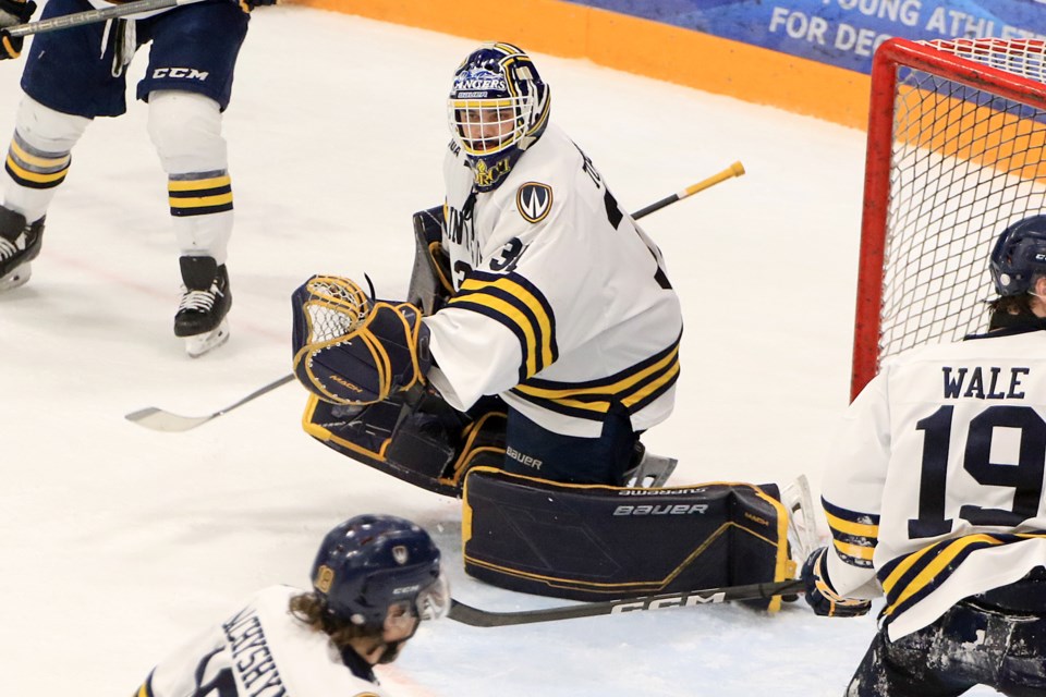 Windsor goaltender Nathan Torchia made 56 saves on Wednesday, Feb. 14, 2024 in Game 1 of their best-of-three opening round series against the Lakehead Thunderwolves. (Leith Dunick, tbnewswatch.com)