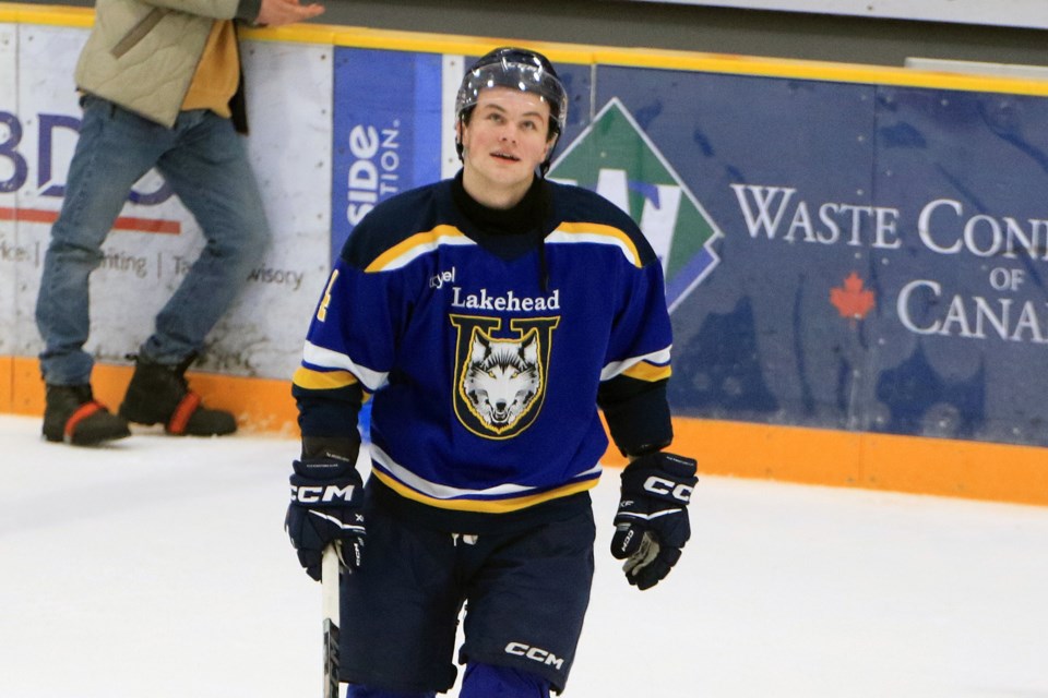 Lakehead's Malte Hasselgren, who scored the overtime winner, was named the game's first star on Saturday, Feb. 1, 2025 against the Brock Badgers at Fort William Gardens. (Leith Dunick, tbnewswatch.com)