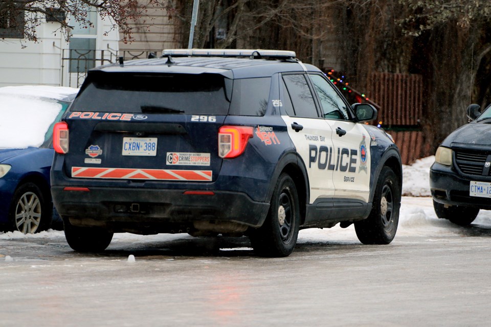 A Thunder Bay police cruiser was parked outside of a residence in the 300 block of North McKellar Street on Dec. 19, 2024. 