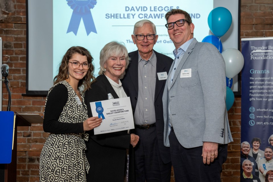 Katherine Couzelis, left, Development Lead at the Thunder Bay Art Gallery, Shelley Crawford, TBCF Fundholder, David Legge, TBCF Fundholder, and Matthew Hills, Executive Director at the Thunder Bay Art Gallery.