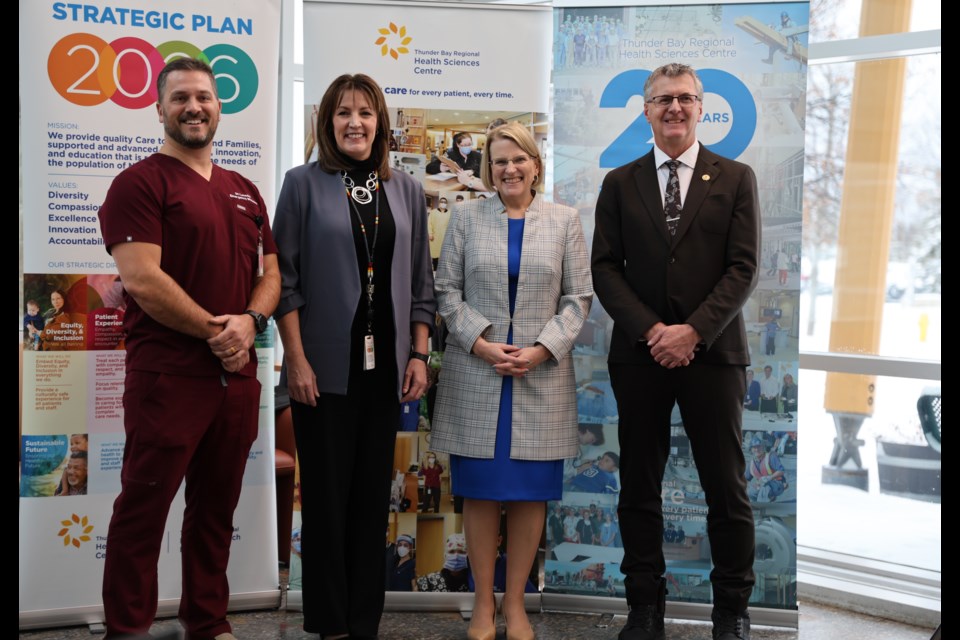 Dr. Kyle Lansdell, the chief of the TBRHSC’s Emergency Department; Dr. Rhonda Ellacott, President and CEO of the TBRHSC and CEO of the TBRHRI; Sylvia Jones, Deputy Premier and Minister of Health, and Kevin Holland, the MPP for Thunder Bay—Atikokan, (left to right) speak on a new in-hospital emergency mental health and addictions assessment and observation area on Dec. 9.