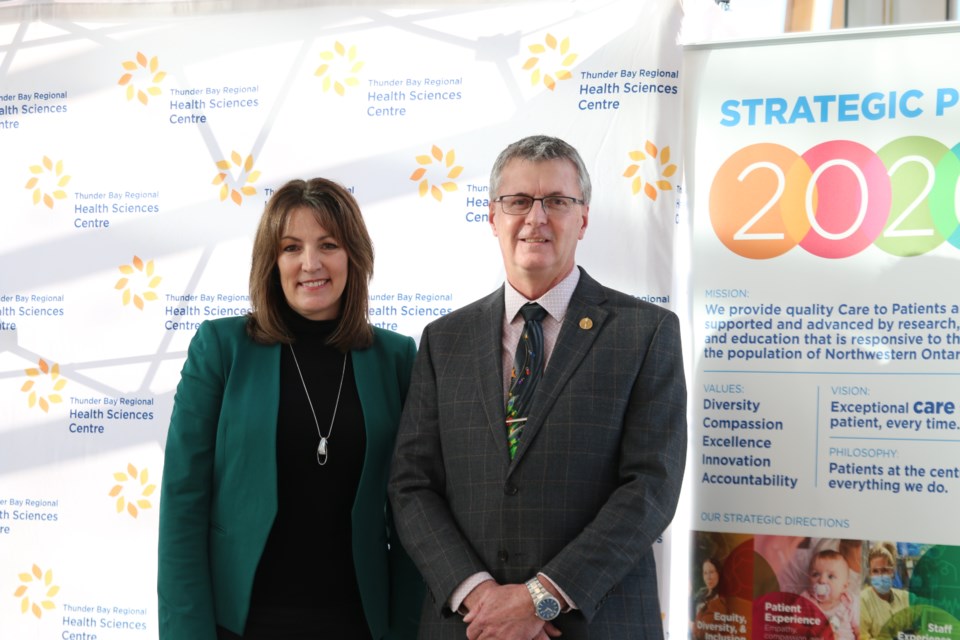 Rhonda Crocker Ellacott, the CEO of the Thunder Bay Regional Health Sciences Centre, stands with Kevin Holland, the MPP of Thunder Bay-Atikokan, left to right, to announce new provincial healthcare funding.