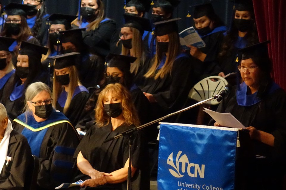 University College of the North Thompson campus education graduate Taylor Flett delivers her valedictory address during a June 30 convocation ceremony at the Letkemann Theatre.