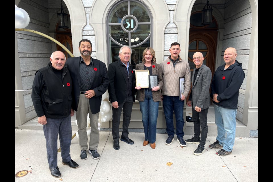 Regional Councillor Tim Whalen, BIA Chair Serge Carpino, Mayor Terry Ugulini, Amy Eitzen, Norvin Eitzen, Councillors Tim O'Hare and Ken Sentance.